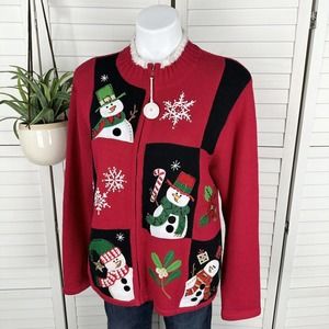Vtg Tiara‎ International Zip Cardigan Christmas Sweater Snowmen Beaded Size L